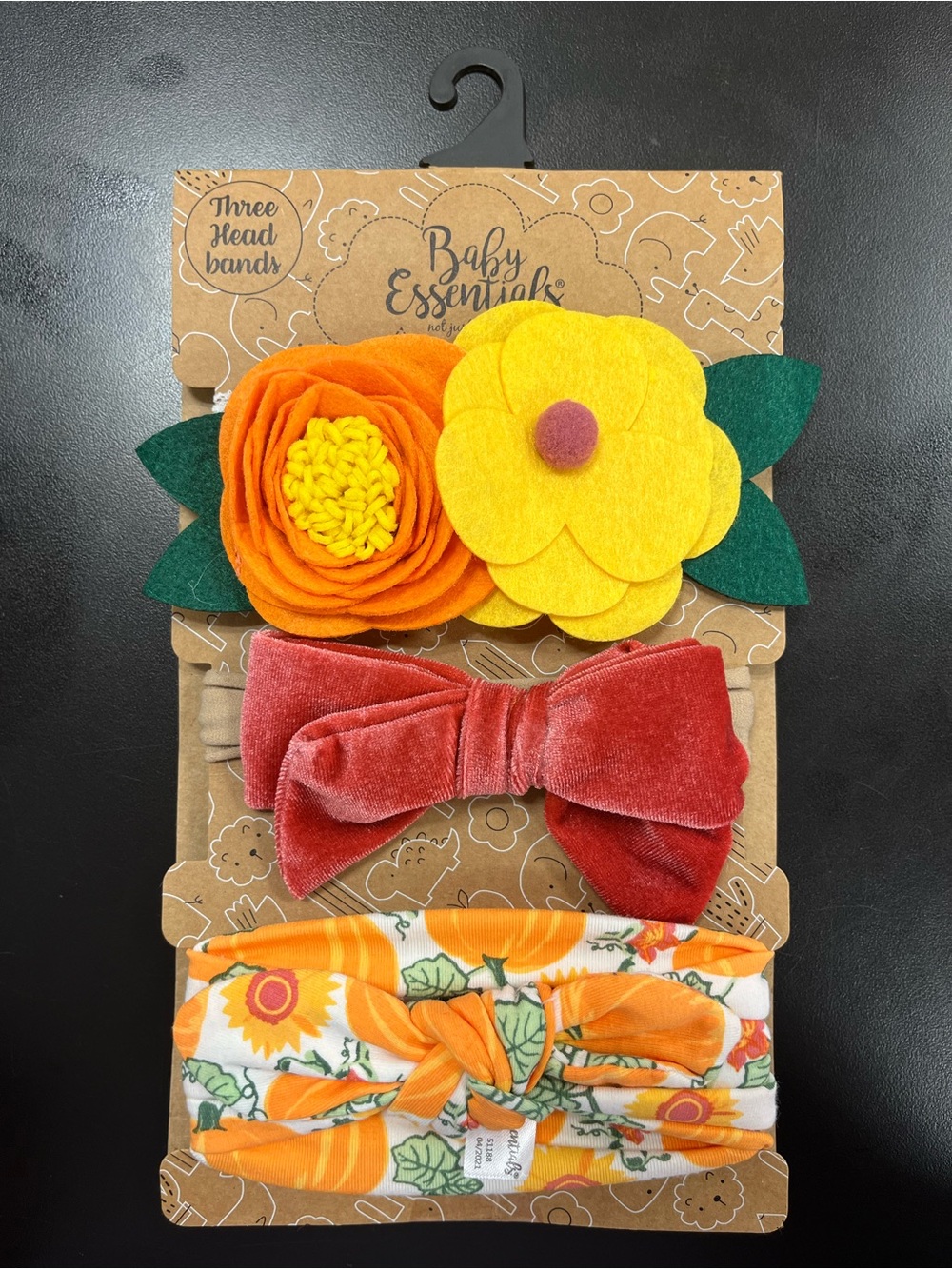 Baby Essentials Orange, Yellow & Red 3-Pack Floral, Velvet & Knot Headbands